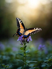 A colorful butterfly perched on a bright purple flower in a sun-dappled garden, with the soft light creating an inviting and whimsical atmosphere