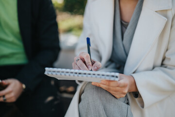 A person in professional attire writing notes on a notepad during a meeting in a park or outdoor...