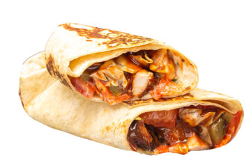 Tortilla wrap with chicken and vegetables isolated on white background.