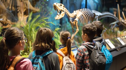 Fototapeta premium Curious kids explore a natural history museum, mesmerized by a towering dinosaur skeleton.