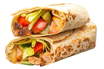 tortilla wrap with chicken and vegetables isolated on a white background