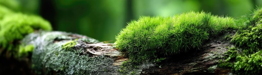 Green moss with relax mood in green forest concept. Vibrant green moss on a natural wooden log.