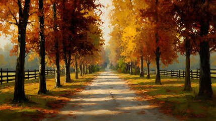 Naklejka premium Autumnal lane, sunlit path, colorful leaves