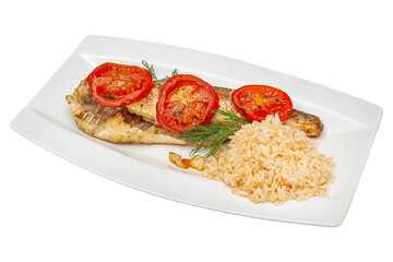 Baked fish with rice and tomatoes. Isolated over white background