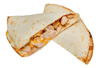 Pita bread with chicken and cheese isolated on a white background.