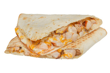 Pita bread with chicken and cheese isolated on a white background.