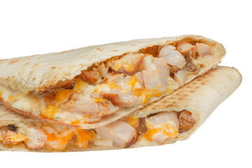 Pita bread with chicken and cheese isolated on a white background.