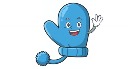 Fototapeta premium Friendly blue cartoon mitten character waving on white background