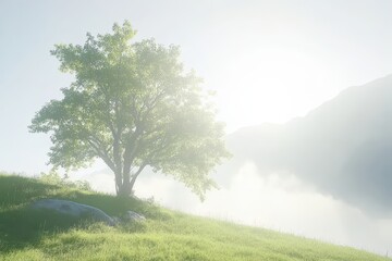 Obraz premium A Solitary Tree in the Bright Sunlight, Embracing the Whispers of the Fog