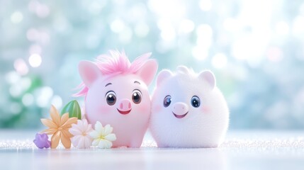 Cute pig figurines, soft colors, bokeh background