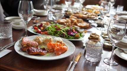 Team lunch break with shared plate, simple table