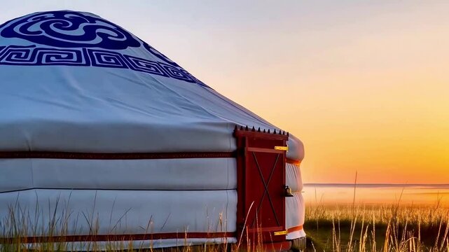 The morning sunrise scene of the Mongolian yurts in the grassland