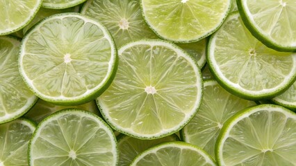 Fresh lime slices background with juicy texture. Close-up view of multiple overlapping lime slices showcasing vibrant green color, juicy texture, and citrus freshness in detail