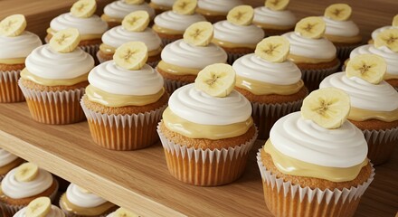Overhead view of numerous cupcakes with banana topping
