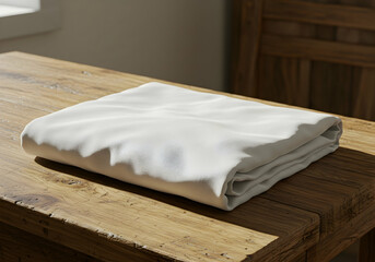 Blank white folded fabric on wooden table design mockup for branding presentation space sunlight shadow