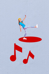 Artwork collage image of teen kid dancing on pale blue color background with music note