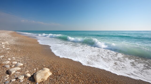 Rolling turquoise waves crash gently onto a rocky shoreline, illuminated by golden sunlight, creating a serene and picturesque coastal atmosphere