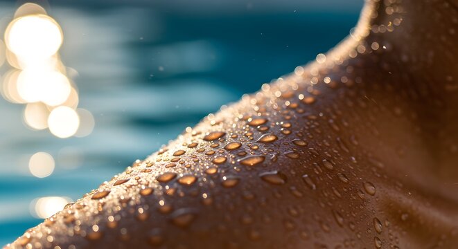 Close-up of glistening skin with water droplets in the sunlight, summer vibes