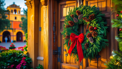 Closeup of Christmas Wreath with Red Berries – Festive Holiday Decoration
