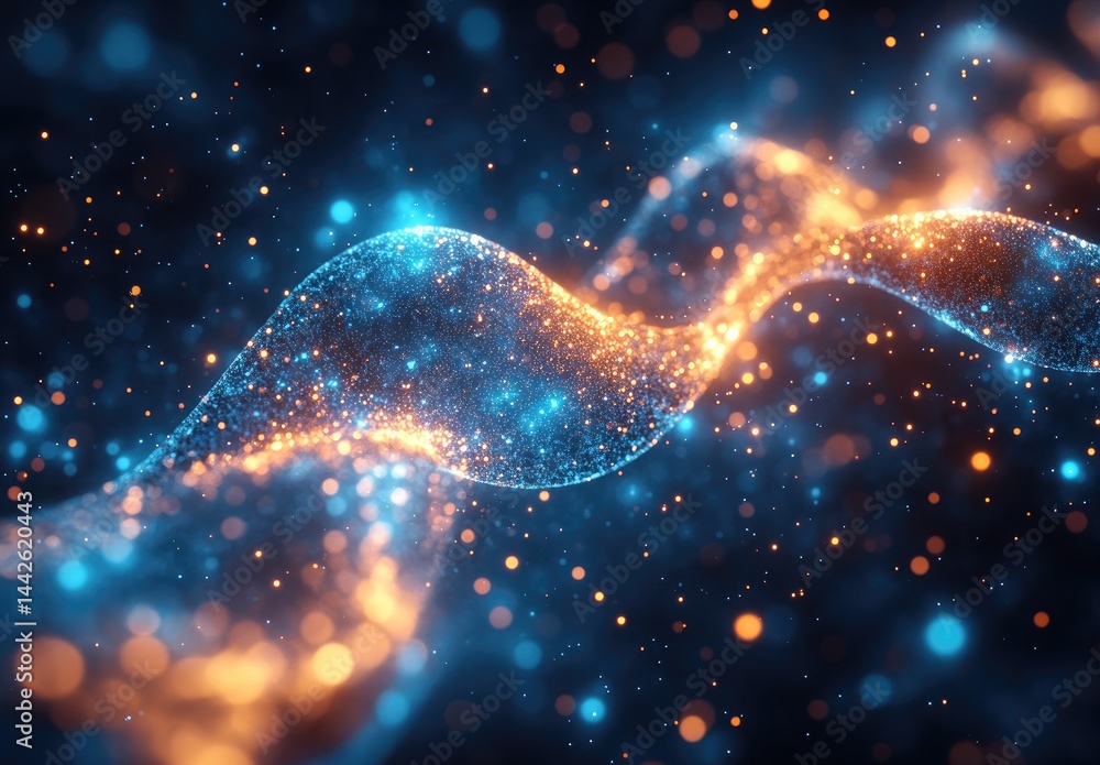 Poster dynamic swirling particles in contrasting tones.
