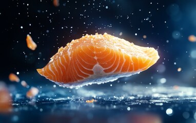 Fresh Salmon Slice with Water Droplets in Artistic Presentation