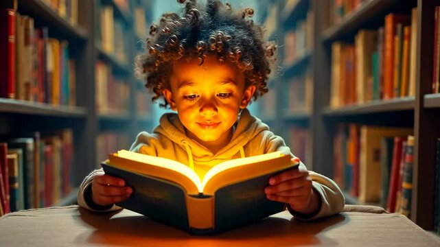Master Children, joyful learning, glowing face. Child enlightenment. Books illuminate youthful mind. Curiosity sparks creative thinking. Knowledge expands mental boundaries.