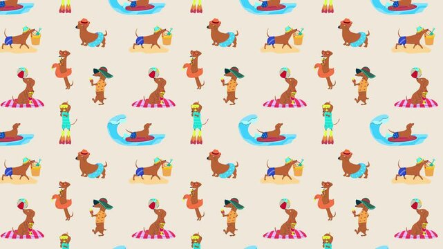 Cute cartoon dachshunds enjoying summer on the beach. Old animation Loop Background.Video flat cartoon animation design element. 