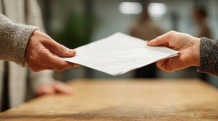Two people passing a document, plain table