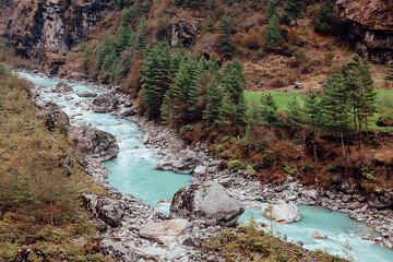 Fototapeta premium Beautiful mountain river in Himalayas. Nepal. Top view.
