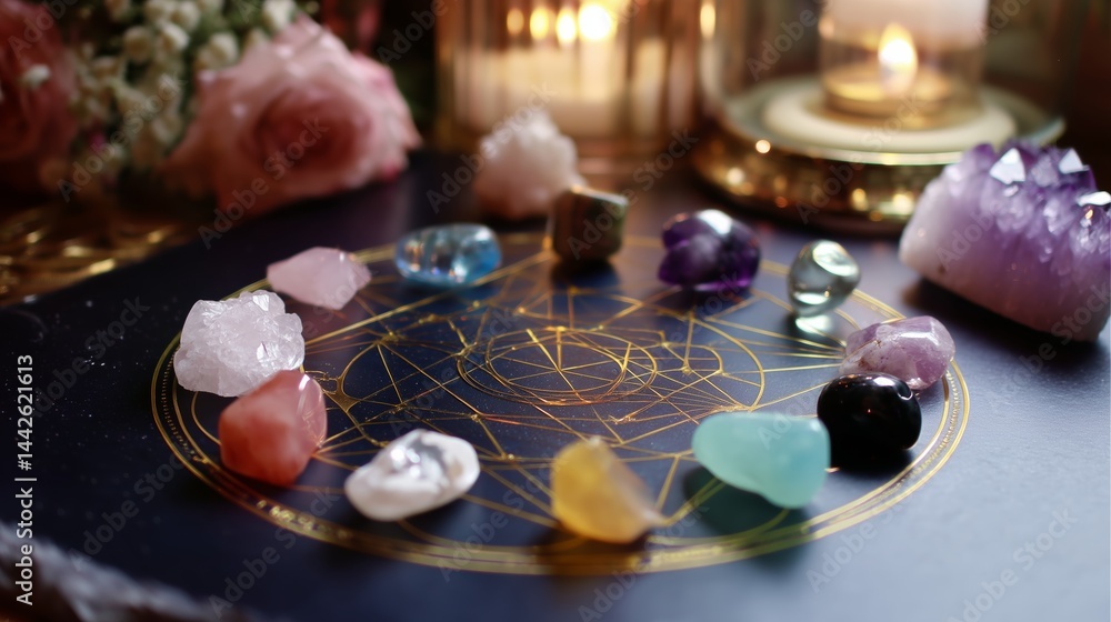 Poster colorful crystals arranged in a circular pattern on a decorative surface with candles and flowers du