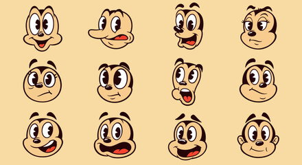 Six Cartoon Faces with Varied Expressions in a Vintage Style