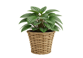 Fototapeta premium Radiant Peperomia plant within a woven planter against a pristine white canvas backdrop