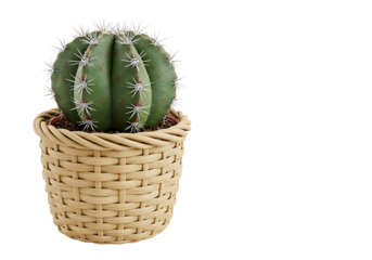 Round barrel cactus, Ferocactus, displayed in a woven basket on a white background