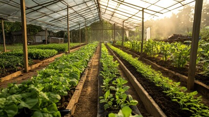 Sunlight streams into a greenhouse filled with young plants