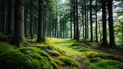 Obraz premium Green moss with relax mood in green forest concept. Lush green forest path with mossy ground.