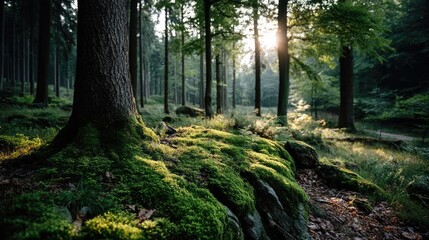 Naklejka premium Green moss with relax mood in green forest concept. Sunlight filters through lush forest trees.