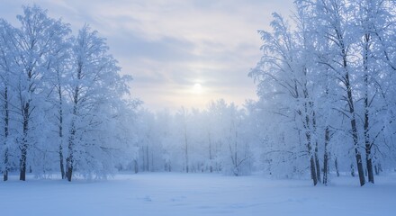 Winter scene with snow covered trees and soft light