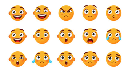 Diverse array of cartoonish yellow emoji faces expressing varied emotions