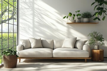 Modern living room with natural light and greenery.