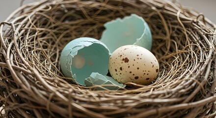 Obraz premium Delicate bird nest featuring whole speckled egg and fractured turquoise eggshells