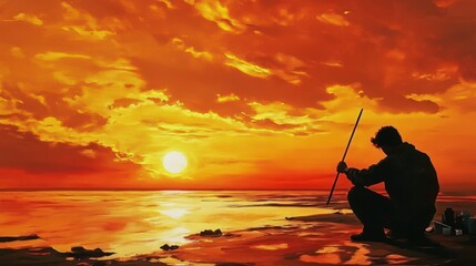 A solitary fisherman silhouetted against a vibrant sunset sky over the ocean