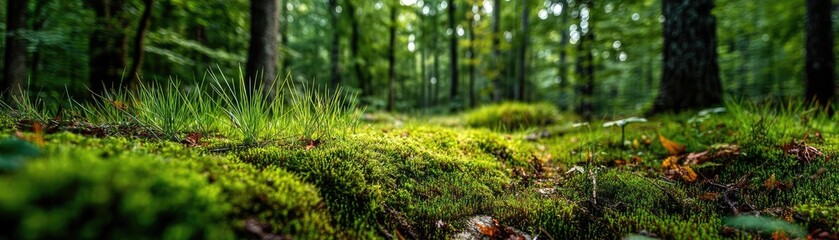 Obraz premium Green moss with relax mood in green forest concept. Lush green forest floor with vibrant moss.