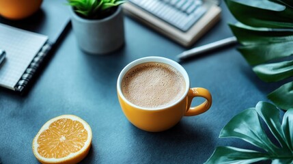 Workspace with coffee cup and product samples