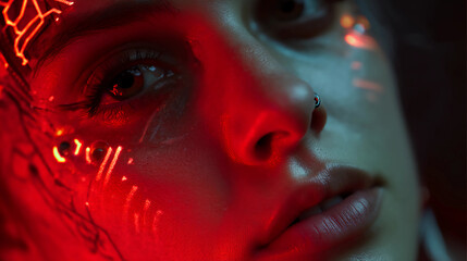 Glowing red digital implants on face, cyberpunk portrait