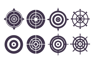 Target and Aim Icon Set. Crosshair, Bullseye, Precision, Accuracy, and Focus Vector Icons for Aiming, Archery, Shooting Sports, Navigation, and Goal Achievement