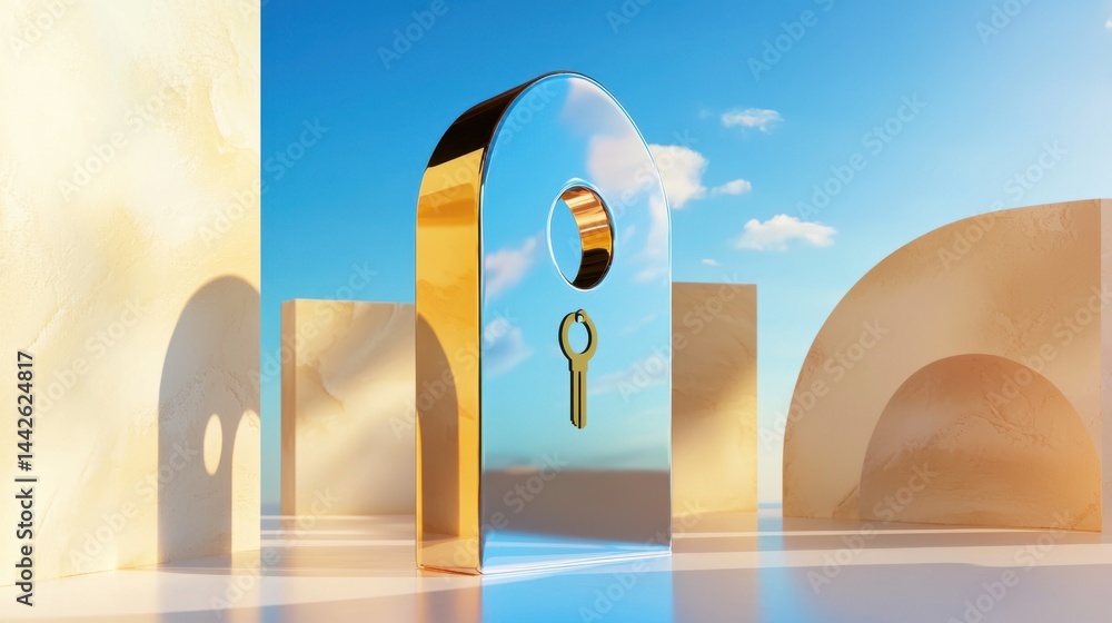 Poster 3d render of security shield with keyhole, minimal privacy design in soft blues
