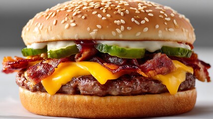 Bacon cheeseburger with pickles, closeup
