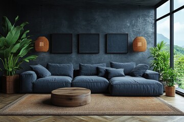 Modern, moody living room with dark blue sectional sofa.