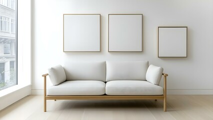 A minimalistic living room featuring a white sofa and three empty framed artworks on a light-colored wall. Concept Minimalist Design, White Sofa, Empty Frames, Light-Colored Wall