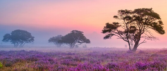 Blooming Heather Fields at Zuiderheide National Park During Dawn in the Netherlands